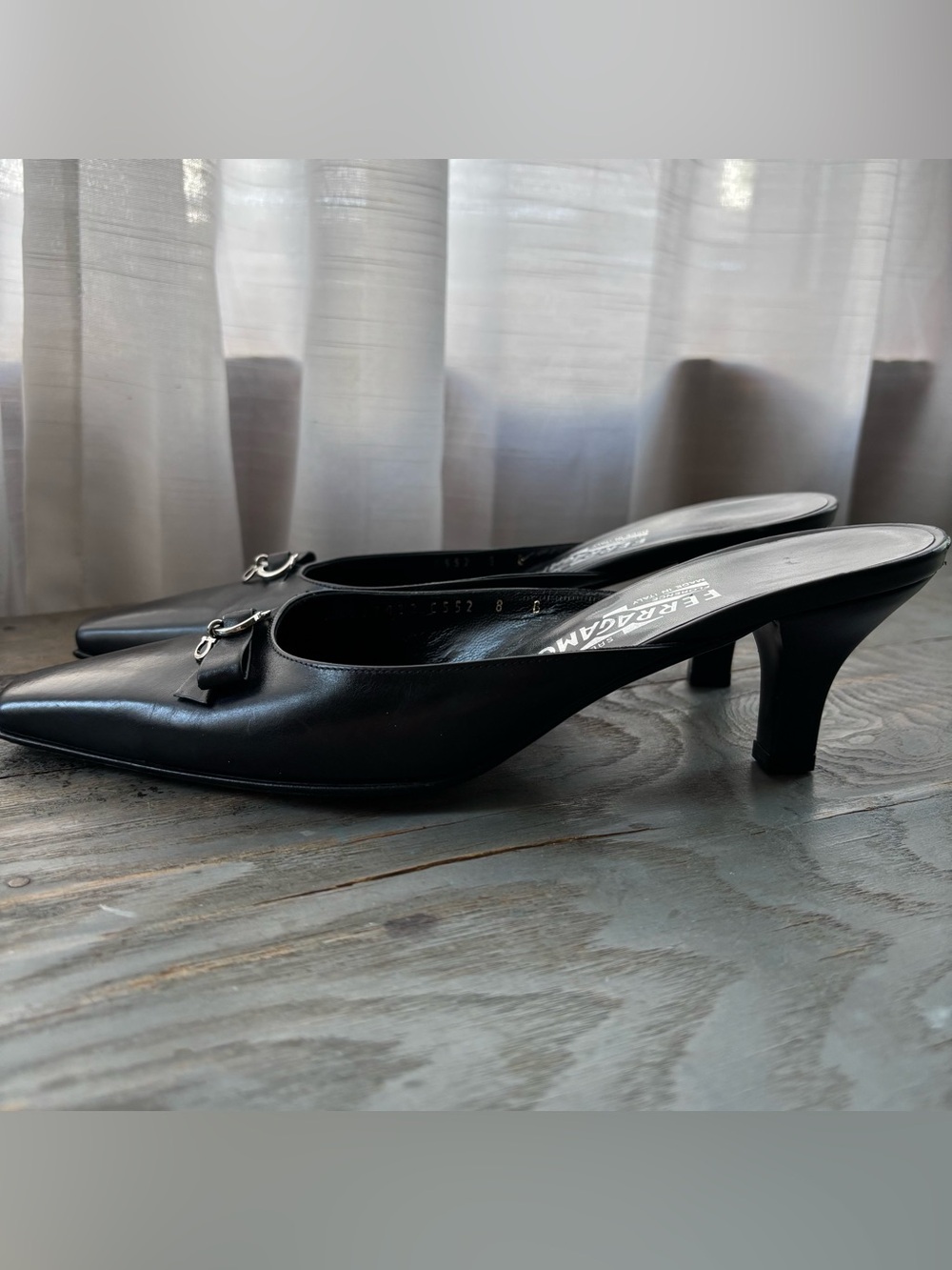 Salvatore Ferragamo Black Leather Pointed Toe kitten heel mules | size 8B